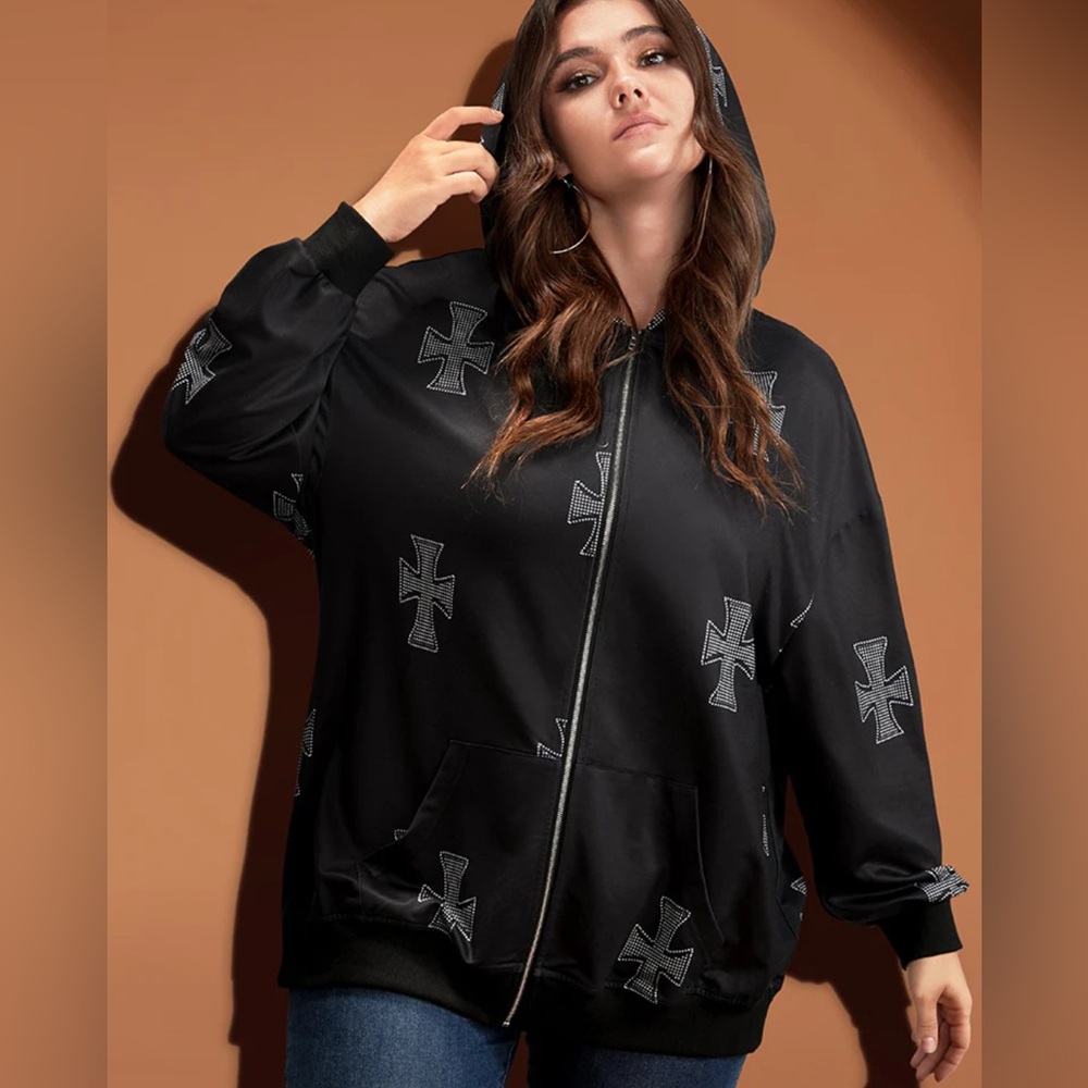 NEW (14-16) BloomChic Black Cross Pattern Full Zip Hoodie with Pockets (3056)